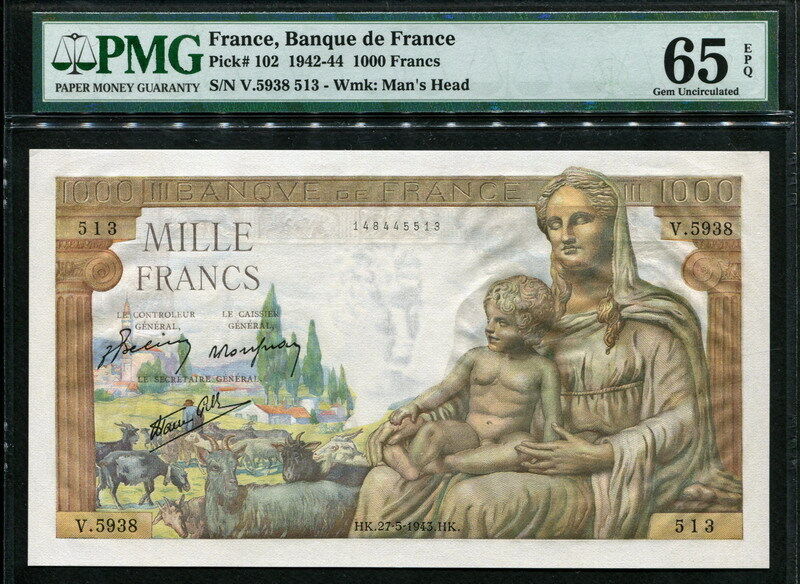 프랑스 France 1942-1944(1943), 1000 Francs,  P102,PMG 65 EPQ GEM UNC 완전미사용